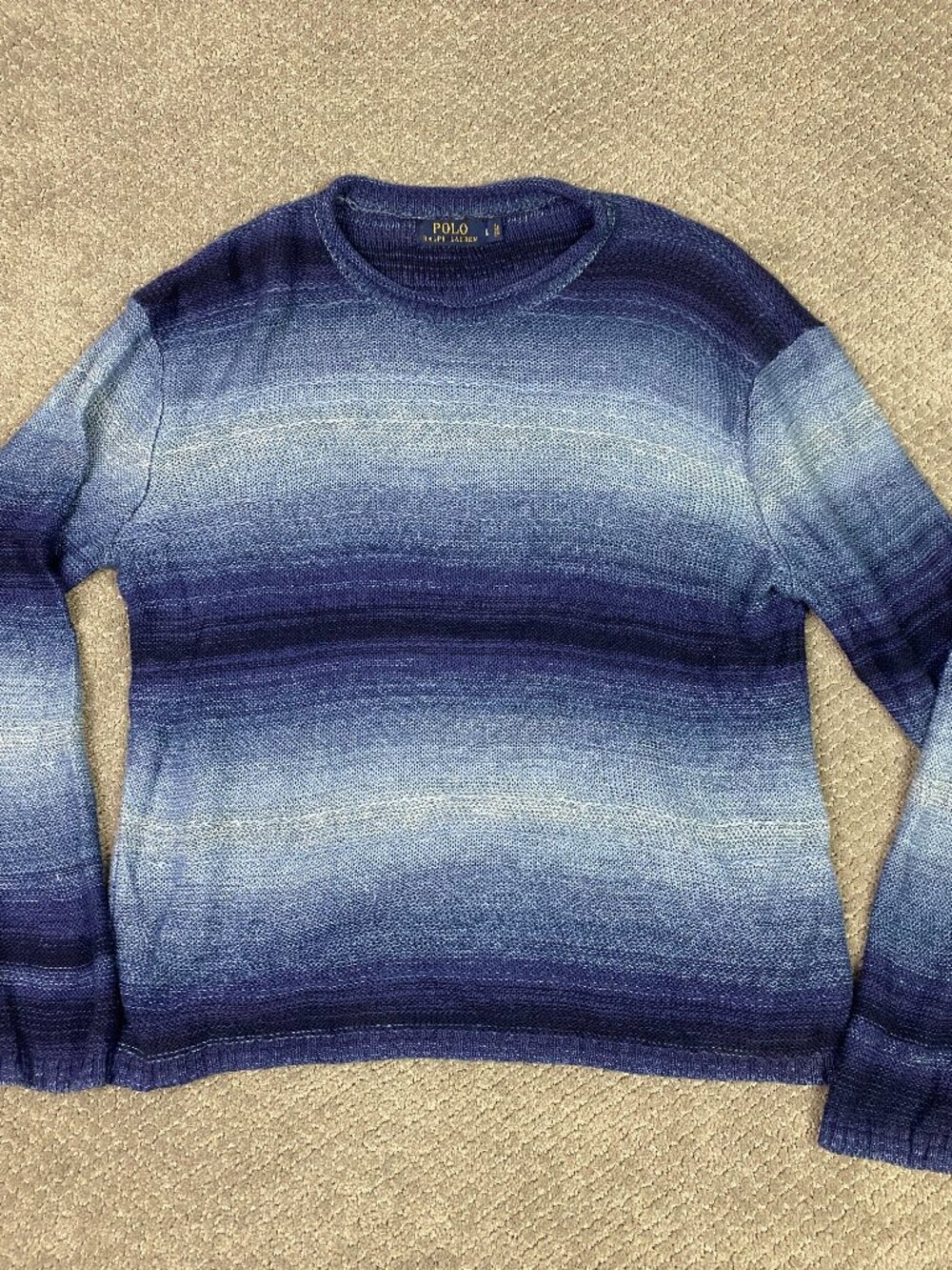 Polo Ralph Lauren Sweater Womens Large Blue Ombre Stripe Linen Cotton Roll Neck